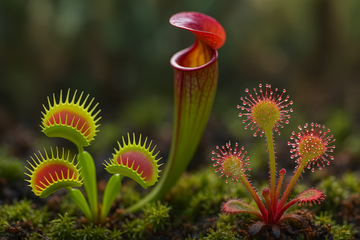 Carnivorous plants including Venus flytrap, pitcher plant, and sundew displayed in a home garden setting, showcasing their unique insect-trapping structures and exotic appearance.