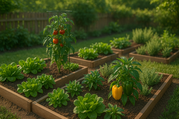 small backyard vegetable garden with raised beds growing tomatoes lettuce peppers and herbs