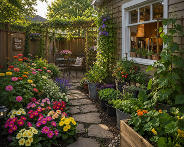 Cozy backyard garden with vibrant blooms