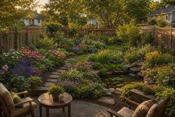 Golden hour in a lush backyard garden