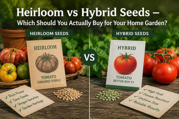 Heirloom and hybrid tomato seed packets with fresh tomatoes, showing the differences between traditional heirloom seeds and modern hybrid varieties for home gardening.