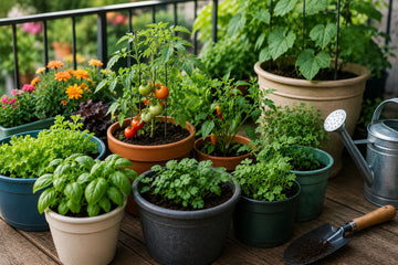 Lush balcony garden in sunlight