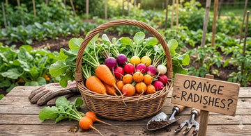 Freshly picked colorful radishes and carrots arranged in a wicker basket on a garden table, surrounded by green plants and small hand tools, with a rustic sign pointing to orange radishes.