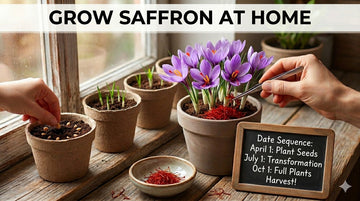 planting saffron seeds in small pots beside blooming saffron crocus flowers on a windowsill, with harvested red saffron threads and a timeline board showing the growing stages from planting to harvest.