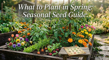 Seasonal seed starting guide with thriving spring vegetables and companion flowers