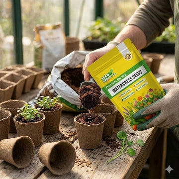 beginner gardening setup with seed packet and seedlings in pots