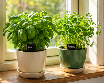 herb garden on windowsill in the bright sun