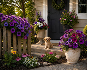 Sunny porch petunia garden with playful puppy