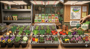 Indoor seed starting station with grow lights, labeled seed trays (lettuce, kale, tomatoes, peppers, eggplant, herbs, flowers), humidity domes, seed packets, and organic potting mix