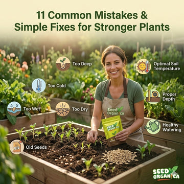 Seed germination and planting guide showing common mistakes like too wet, too dry, too cold, and old seeds, with easy gardening fixes