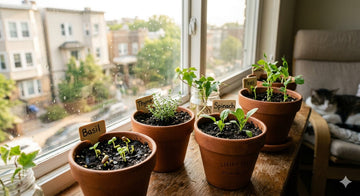 Indoor herb and vegetable seedlings growing in terracotta pots on a sunny windowsill, labeled basil, thyme, spinach, and peas.