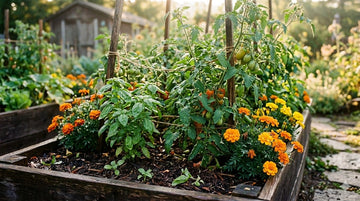 Companion planting raised bed with tomatoes, basil, and marigolds growing together in a productive backyard vegetable garden.