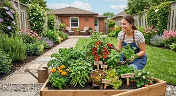 edible landscaping garden with herbs vegetables and flowers growing together in a backyard