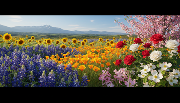 Colorful summer flowers like sunflowers, zinnias, and marigolds blooming in a sunny U.S. garden, showcasing easy-to-grow varieties for beginners.