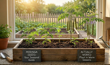 Moringa plants growing in a large indoor container near a sunny window, showing seedlings, mature leaves, and hanging pods in a home garden setting.