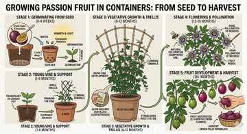 Container-grown passion fruit plant lifecycle with trellis setup, pollination, and harvesting stages
