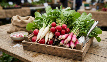 Freshly harvested red, white, and pink radishes with green leaves arranged in a rustic wooden tray on a farm-style wooden table.