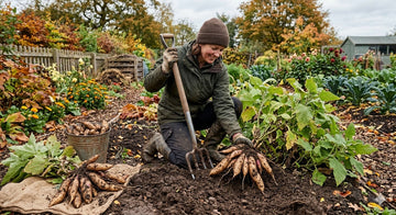 Harvesting yacon roots from soil with garden fork in fall garden