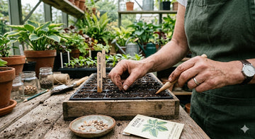 Gardener sowing hosta seeds in a propagation tray with a labeled plant marker on a greenhouse potting bench.