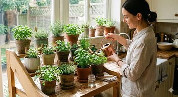 small kitchen garden setup with pots and herbs at home