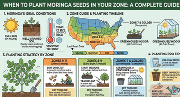 Infographic showing when to plant moringa seeds by USDA growing zones, including ideal temperatures, sunlight needs, soil conditions, seasonal planting timelines, greenhouse tips, and container growing advice for colder climates.