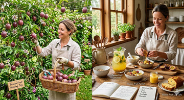 Home gardener picking ripe purple passion fruit from vine with basket, showcasing passion fruit growing tips and harvest.