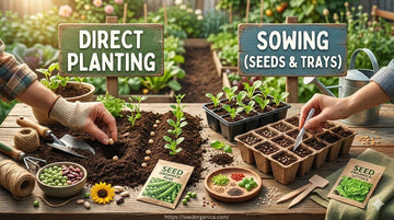 Seed planting comparison image showing how to direct sow seeds in soil versus starting seeds in trays for transplanting later.