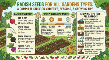 Colorful radish growing guide infographic featuring common varieties, seasonal planting timelines, and step-by-step tips for soil, sunlight, spacing, watering, thinning, and harvesting.