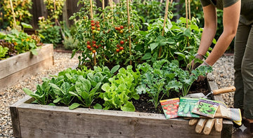 Raised bed seed with vegetable and flower seed packets arranged on garden soil