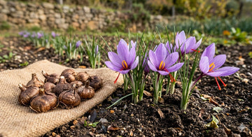 Saffron crocus flowers (Crocus sativus) blooming with purple petals and red stigmas alongside saffron corms used for planting