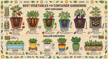  the best vegetables for container gardening, including tomatoes, carrots, peppers, beans, eggplant, potatoes, lettuce, radishes, spinach, kale, and herbs, with container depth and growing tips.