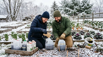 gardeners winter sowing seeds outdoors in plastic containers in a snowy raised bed garden, demonstrating an easy container gardening method for beginners